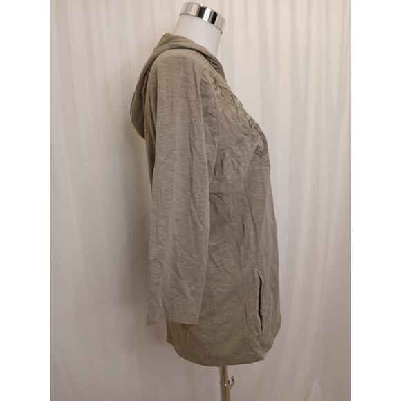 Weekends by Chicos olive green embroidered hoodie full zip 3/4 sleeve floral 8 - Picture 9 of 11